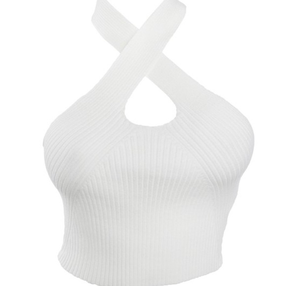 New-White Knit Halter Crop Top - Stretchy & Soft - Picture 3 of 4